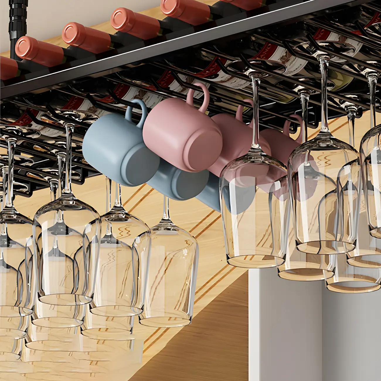 Industrial Metal Hanging Wine Rack with Glass Holder