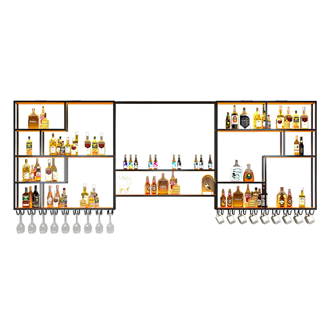 Black Metal Wall-Mounted Wine Rack with Stemware Holder