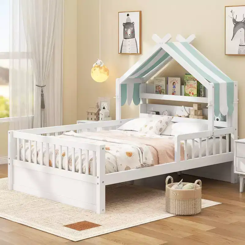 GDFStudio Castillo Wooden House Bed with Storage Headboard Shelf