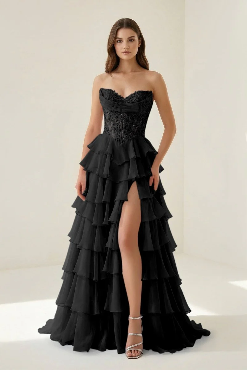 Black - Strapless A Line Chiffon Ruffled Prom Dresses With Appliques