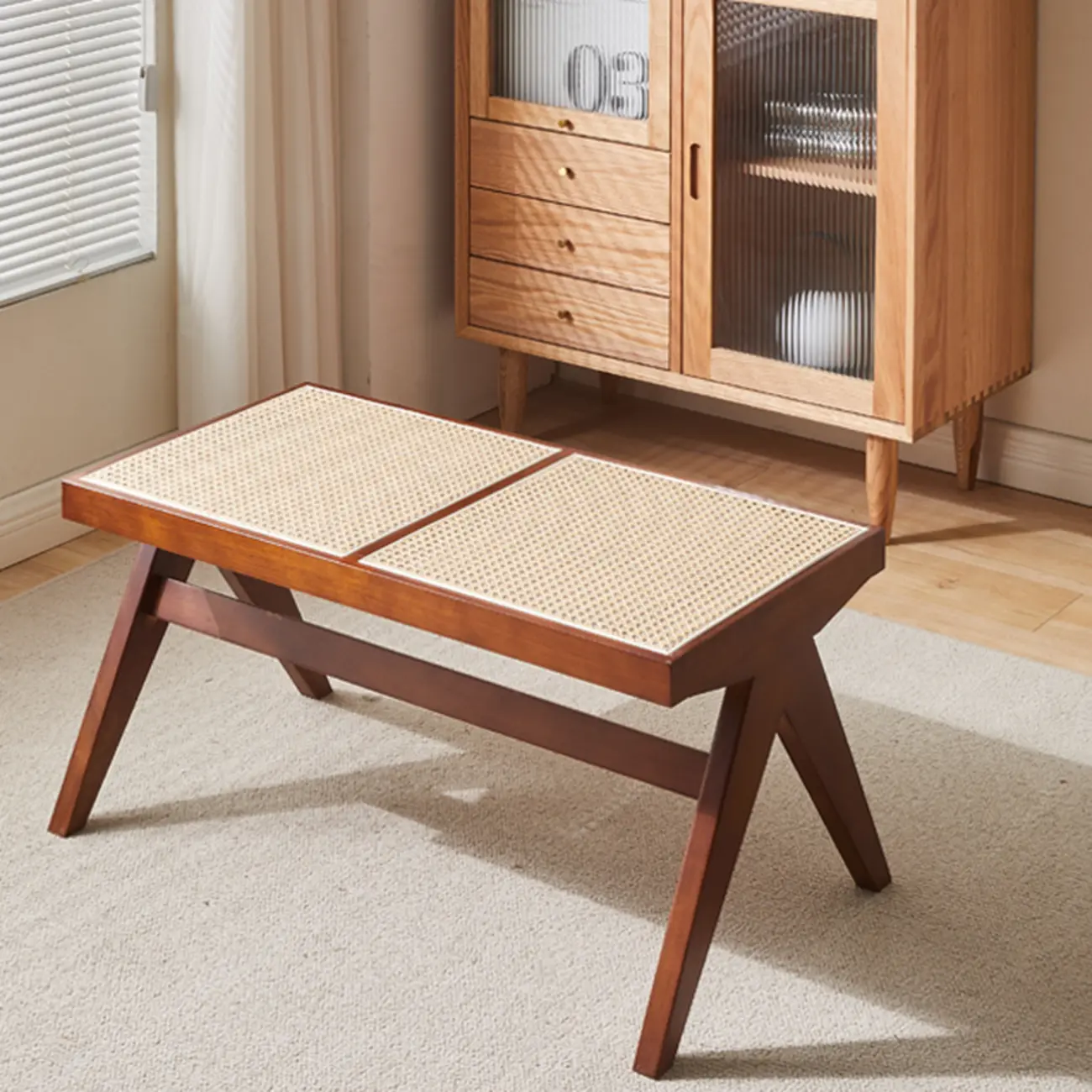 Elegant Rattan Top Finish Wooden Rectangular Cherry Benches