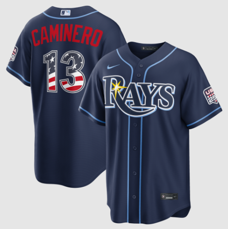 Tampa Bay Rays Junior Caminero Navy USA 250 Fourth of July Road Stadium Jersey