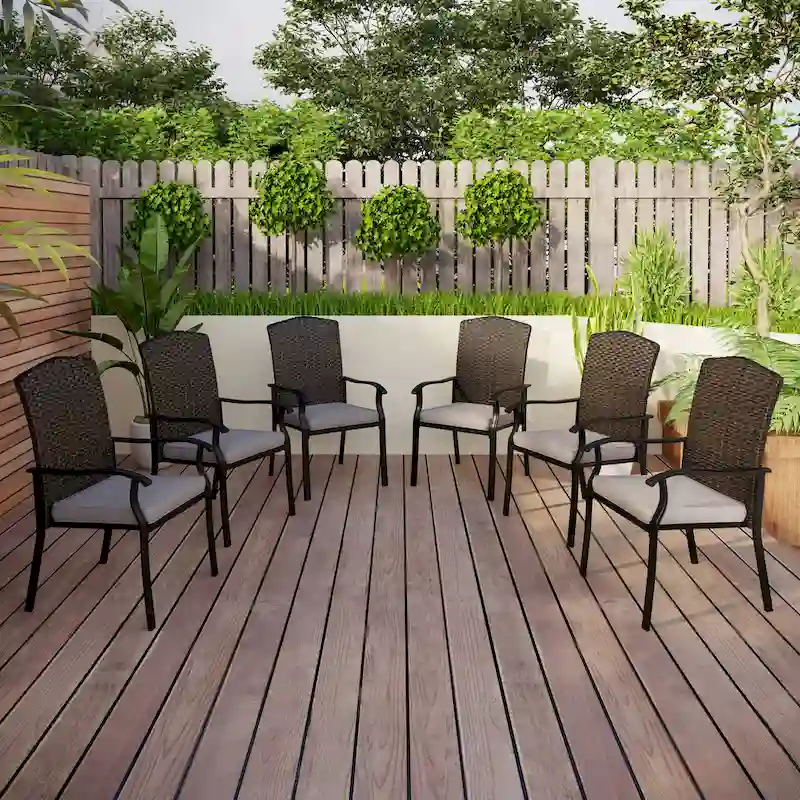 Patio Rattan Wicker Fixed Armrest Dining Chair with CushionSet of 2/4/6