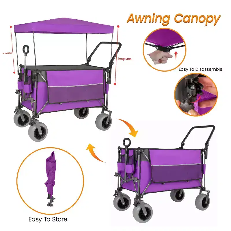 Multi-Functional Push-Pull Wagon with Canopy & 9x4 Beach Tires, Rotating Handle, 480 lbs 300L Capacity