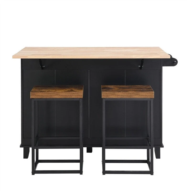 Natural Wood Kitchen Island with Drop Leaf - 2 Stools