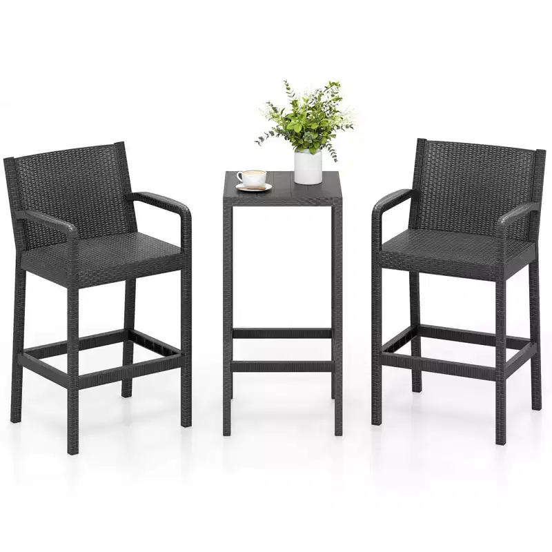 Costway 3 Pieces Patio Bar Set with 2 Stools & 1 Bar Table Curved Backrest Armrests