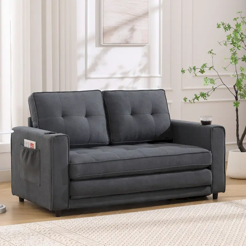 Oaks Aura Upholstered Futon Sofa with Pull-Out Sleeper Couch, Muticolour Choice Foldable Tufted Loveseat With Cup Holder