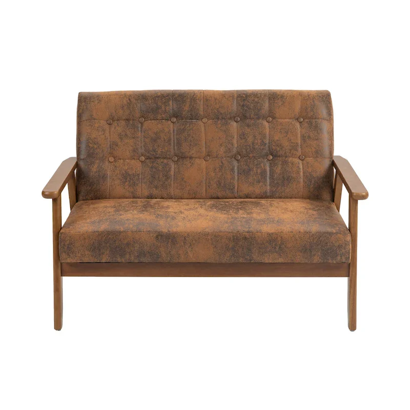 HOMEFUN Mid-Century Linen/PU Upholstered Wood Frame Tufted Loveseat Sofa