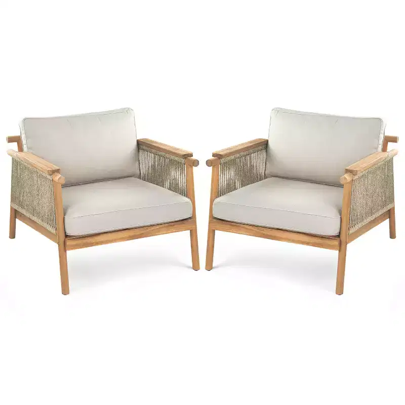 Christopher Knight Home Jackie Patio Acacia Wood Rope Weave Club Chair with Cushions, Teak/Beige