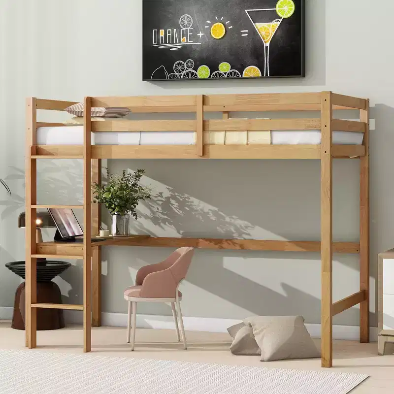 Whisen Twin Size Wood Loft Bed with Built-in Desk & Ladder, Spacious Study Space, Safety Guardrails(Upgraded) - White Oak