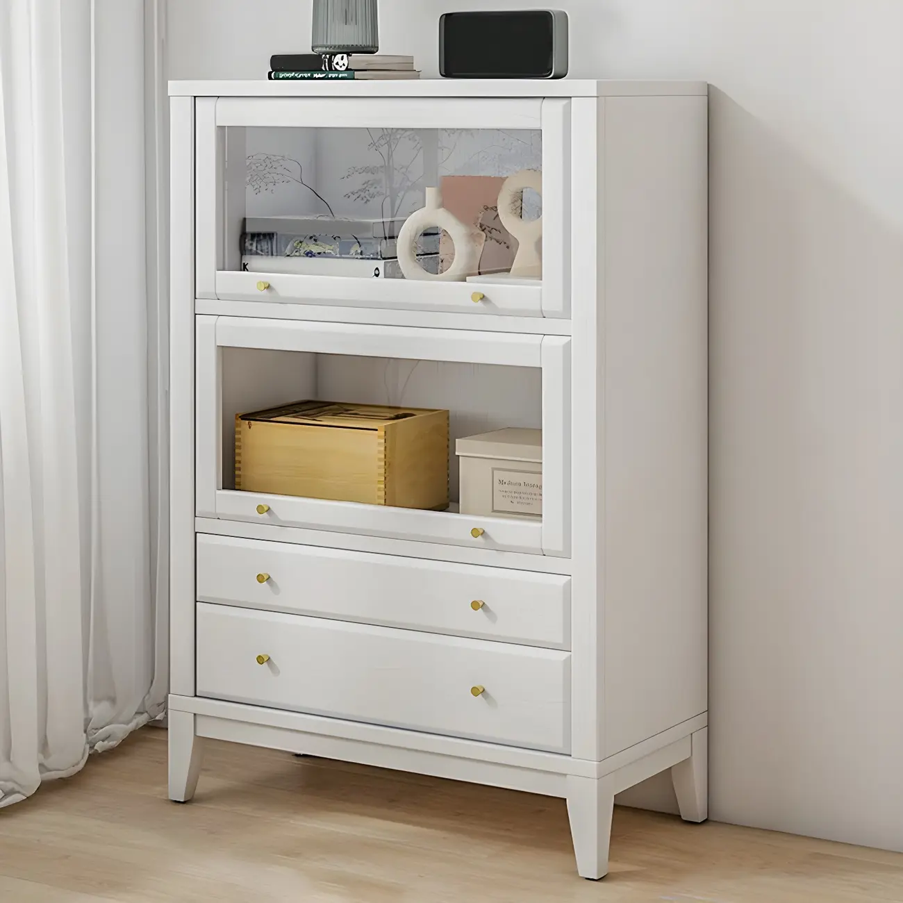 White Solid Wood Glass Door Display Cabinet with Drawers