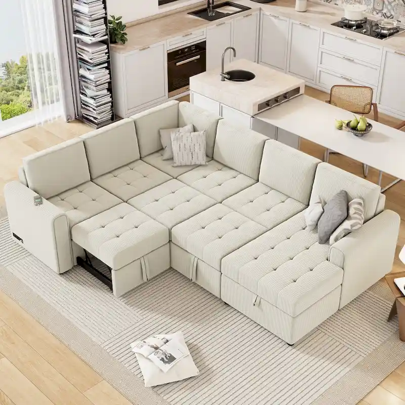 U-Shaped Sectional Sofa Pull-Out Bed with Storage Chaise Lounge and Built-In Charging Devices for Living Room