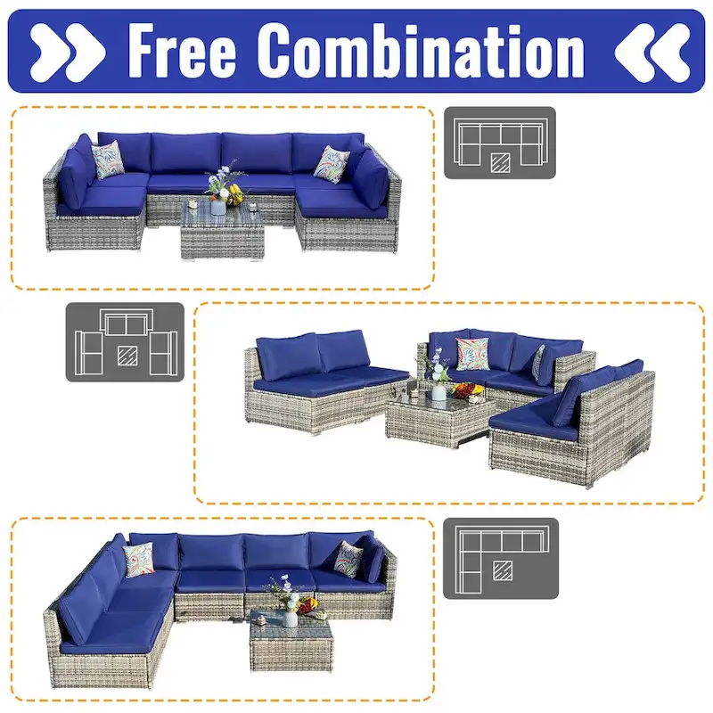 7-Piece Wicker Patio Conversation Set with Cushions and Glass Table