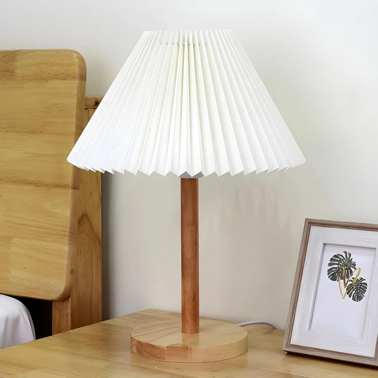 Natural Wood Table Lamp Plug In Electric LED for Bedroom