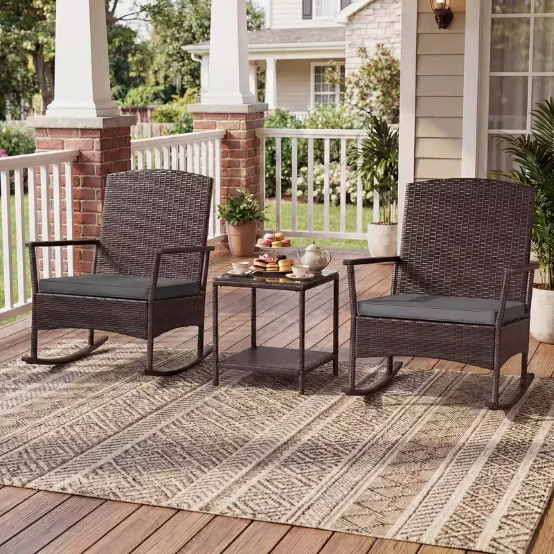 Costway 3 Piece Patio Rocking Set Wicker Rocking Chairs with 2-Tier Coffee Table Turquoise/Off White/Black