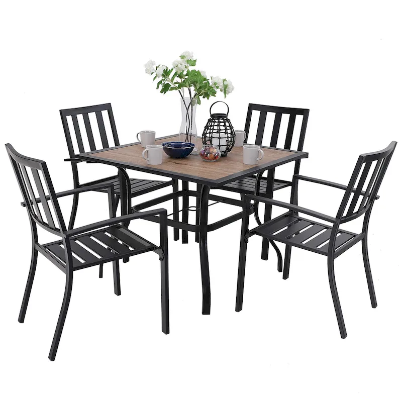 MAISON ARTS 5-piece Faux Wood Table and Metal Stackable Chairs Patio Set - 5-Pieces Sets
