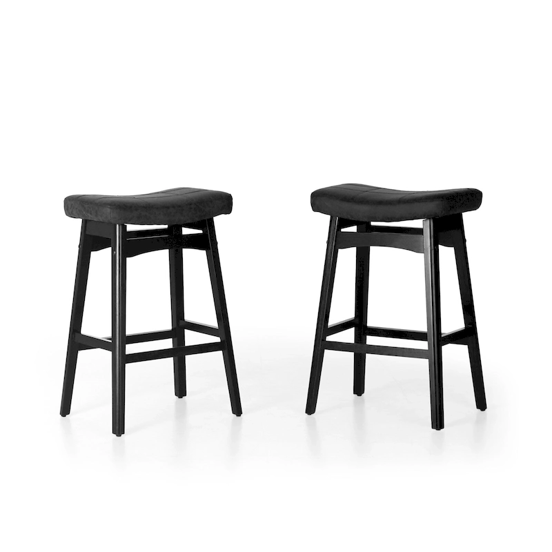 24 Inch Solid Wood Barstools with Linen / PU Leather Fabric Cushion, Set of 2