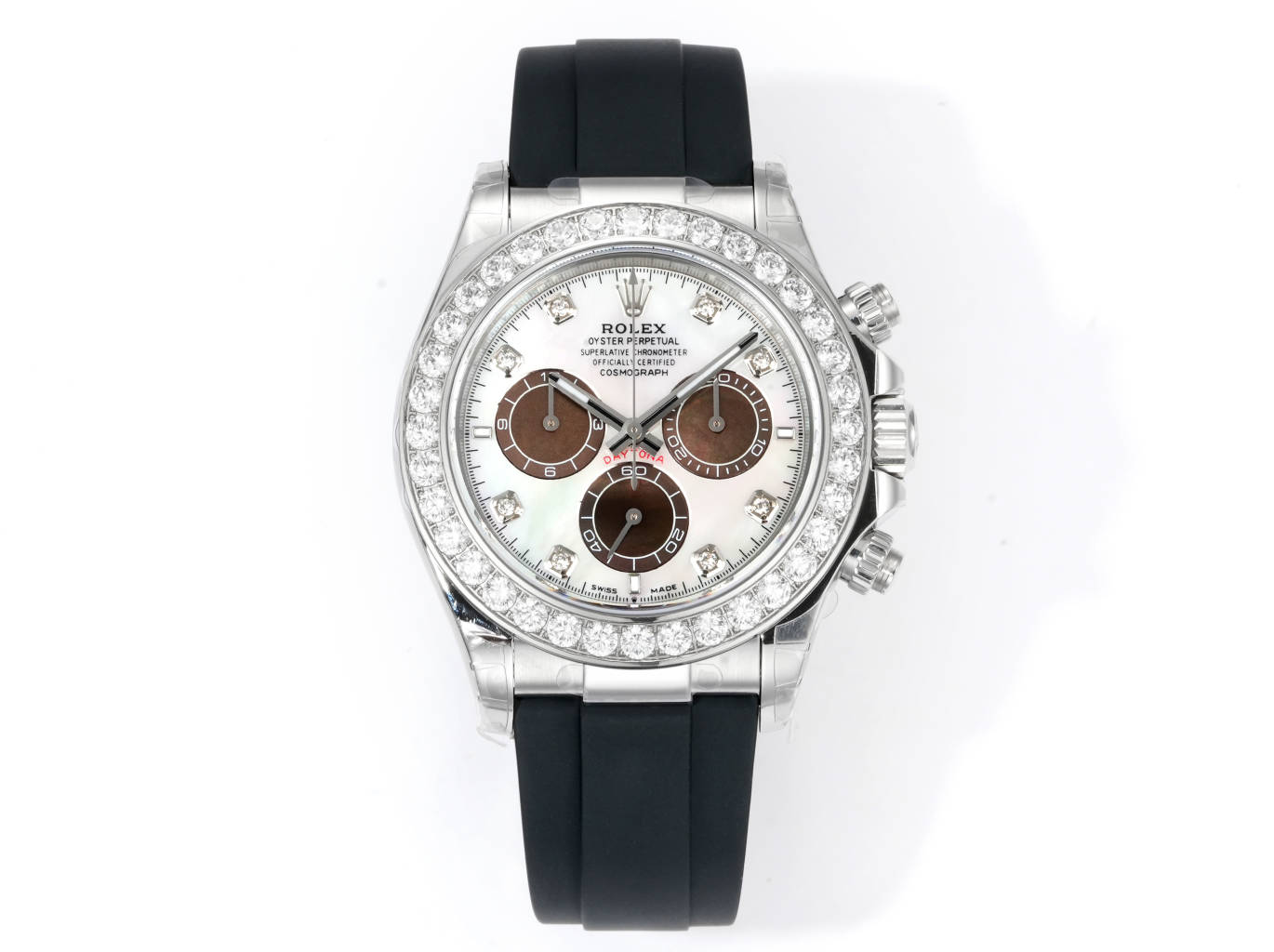 Rolex Daytona replica front view with diamond bezel and mother-of-pearl dial
