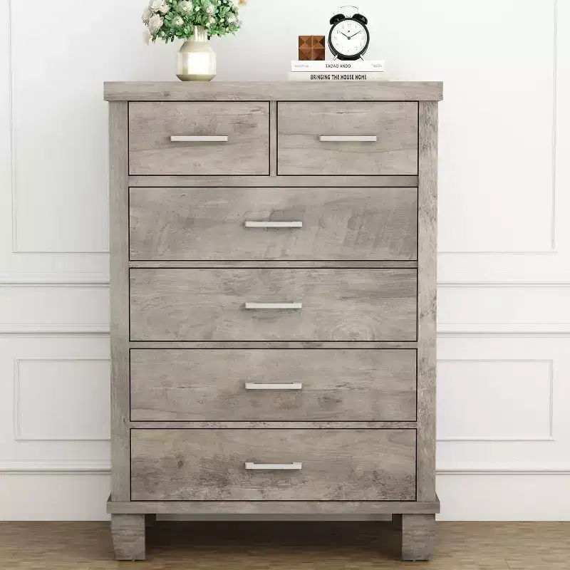 Acekool 6 Drawer Tall Dresser, Wooden Chest with Metal Handles, Storage Organizer for Bedroom, Closet, Living Room