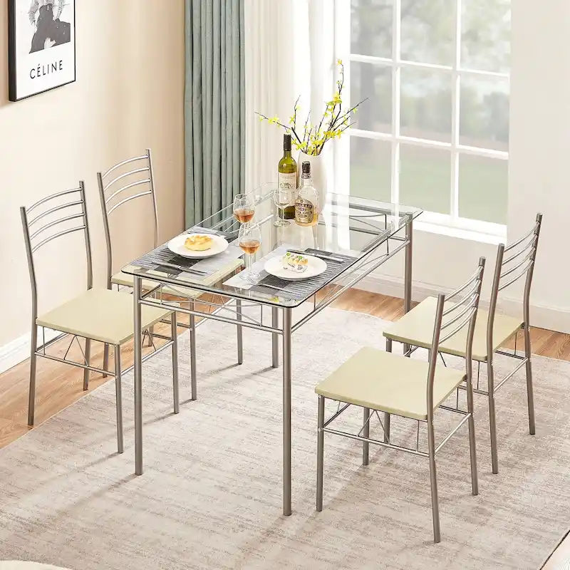 5-pieces Modern Dining Sets,Tempered Glass Table Top and 4 PU Chairs