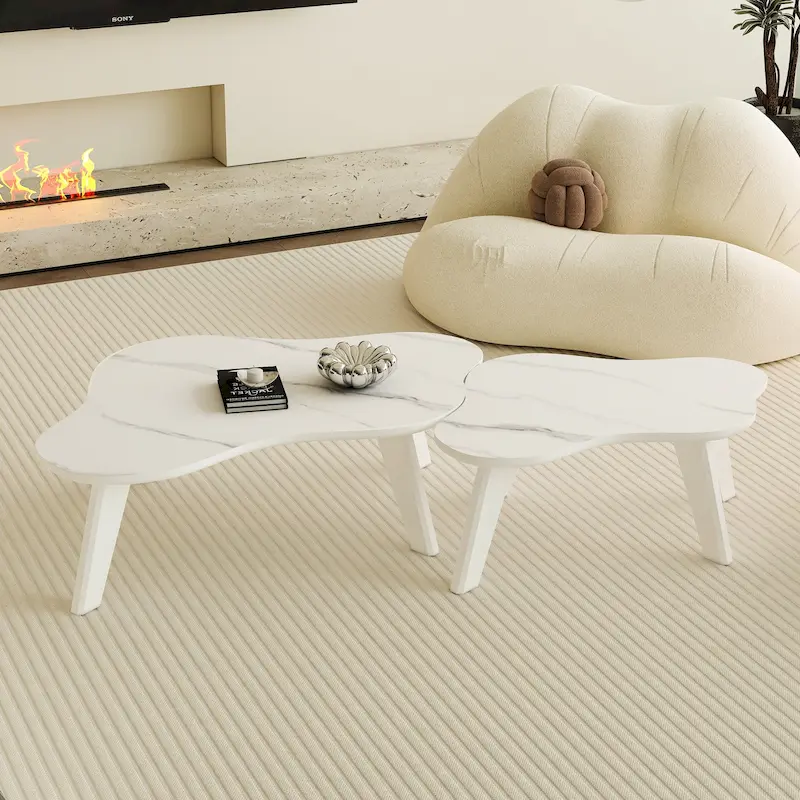 Modern 2-Piece Cloud Shaped Coffee Table Set with Solid Wood Legs and MDF Panel for Living Room