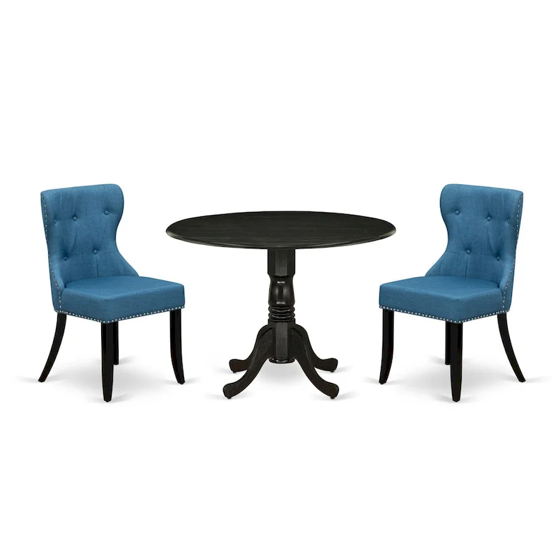 Round Dining Table Set with Blue Linen Fabric Chairs - Wire Brushed Black