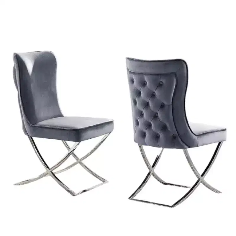 Royal Hampton Side Dining Chair Set of 2, Chrome Metal, Gray Button Tufted Velvet