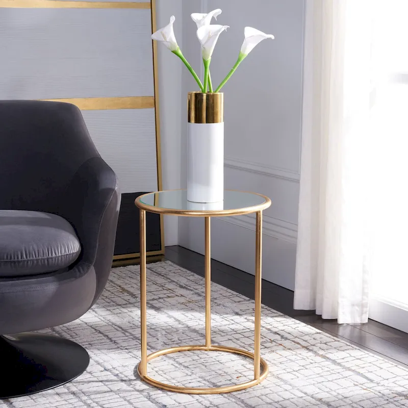 Gold Iron Round Accent Table with Mirrored Top – 15Wx15Dx20H, Timeless Design