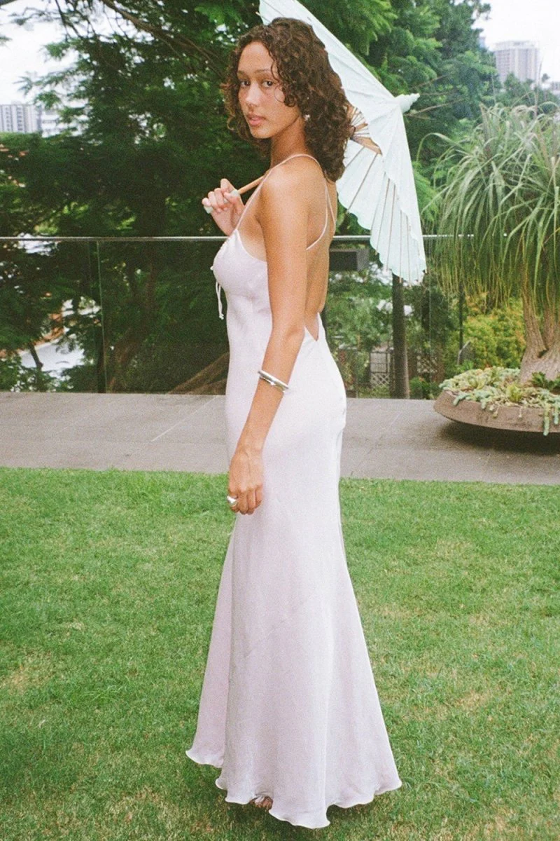 Pink Spaghetti Straps Satin Sheath Backless Long Prom Dresses