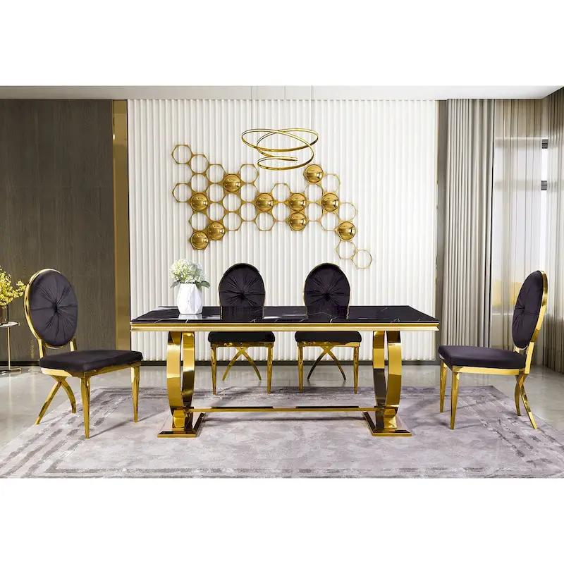 Silver / Black / White Faux Marble Rectangular Dining Table with U-Shape Steel Base (Seats 6)