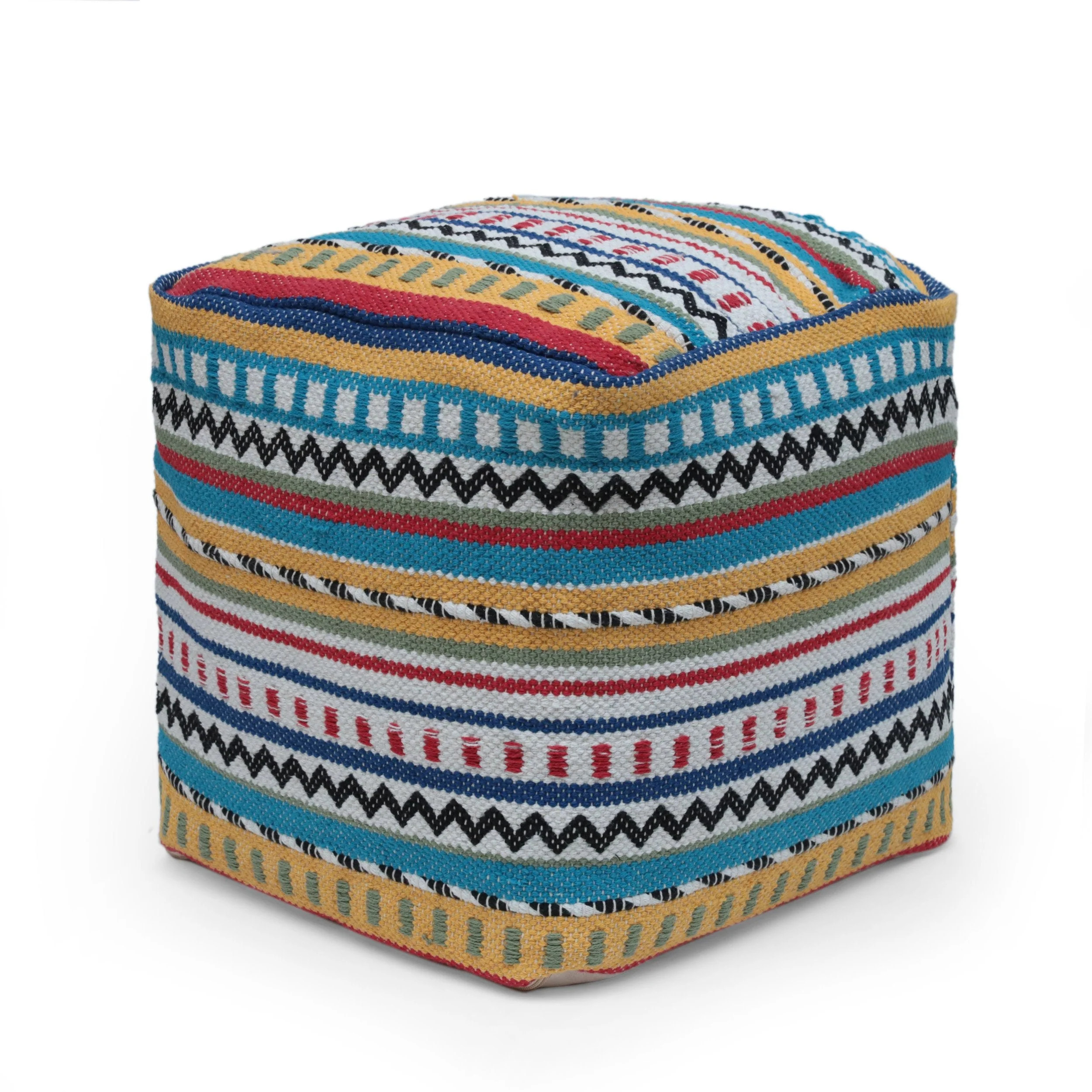 Boho Handcrafted Peruvian Print Cube Pouf - NH615413