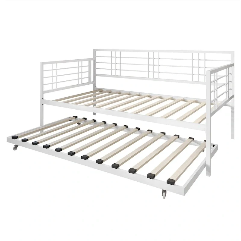 White/Brown/Black Metal Twin Daybed with Roll-Out Trundle, 1-Person