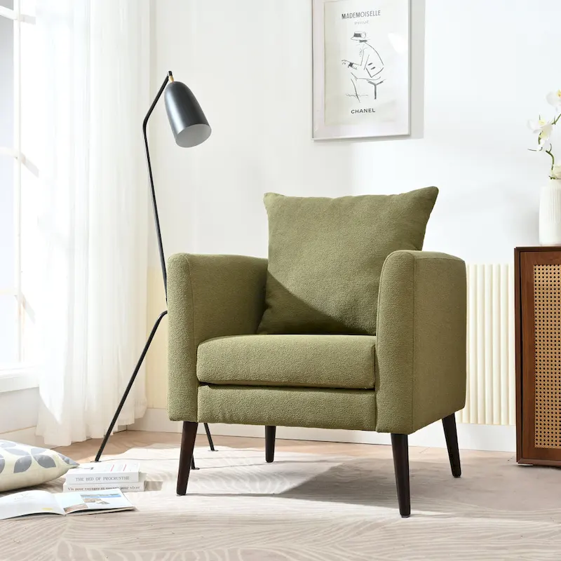 Beige / Teal / Green / White / Olive Green Fleece Barrel Accent Chair with Wood Legs, 1-Person