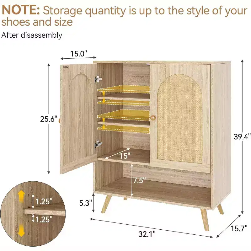 Rattan Shoe Cabinet with Doors, 4-Tier Shoe Storage Cabinet for Entryway, Shoe Rack Organizer Cabinet with Woven Rattan Doors and Adjustable Shelves