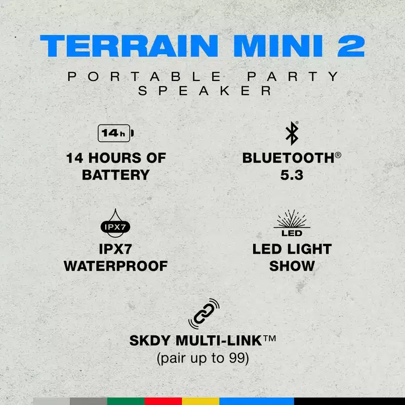 Skullcandy Terrain Mini 2 Wireless Bluetooth Speaker, IPX7 Water Resistant, 14H Battery, Multi-Link, LED Light Show, Portable, Red