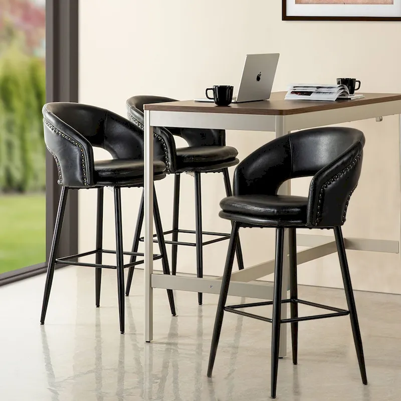 Mid-Century Modern Faux Leather Bar Stool with Nailhead Trim & Metal Legs – Black / Brown