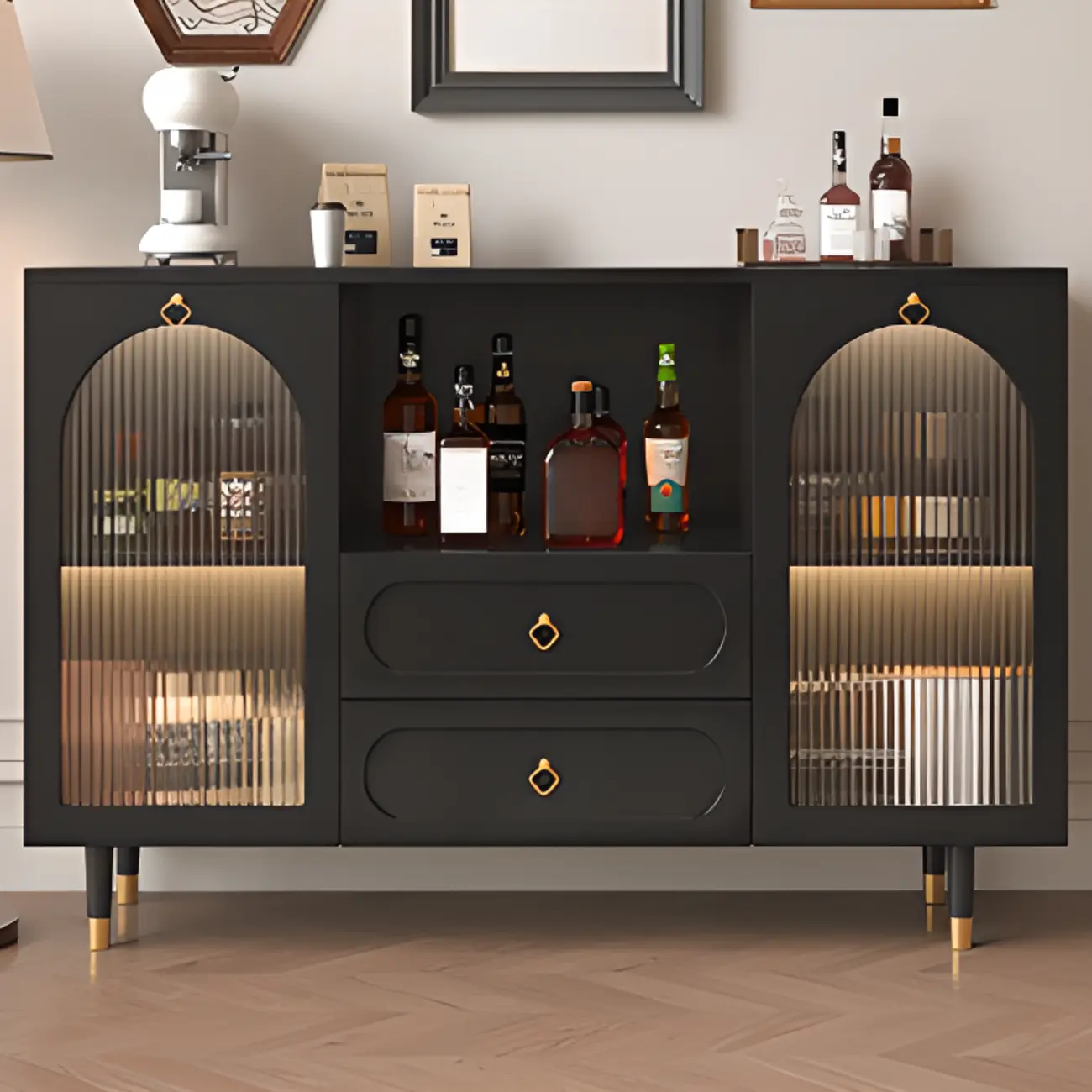 Glam Black Engineered Wood Sideboard with Drawers