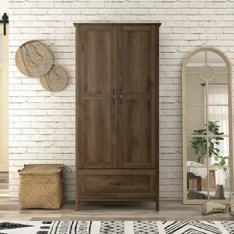 DH BASIC Rustic Distressed Walnut Double-doors Wardrobe Closet with 1-Drawer by Denhour