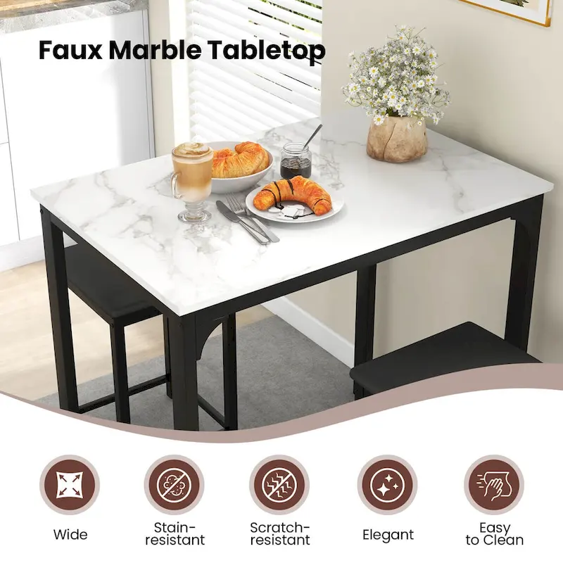 3 Piece Counter Height Dining Set Faux Marble Table 2 Chairs
