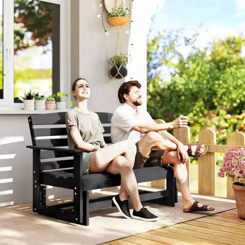 Patio Glider Bench w/ HDPE Slatted Double Rocking Chair, Black