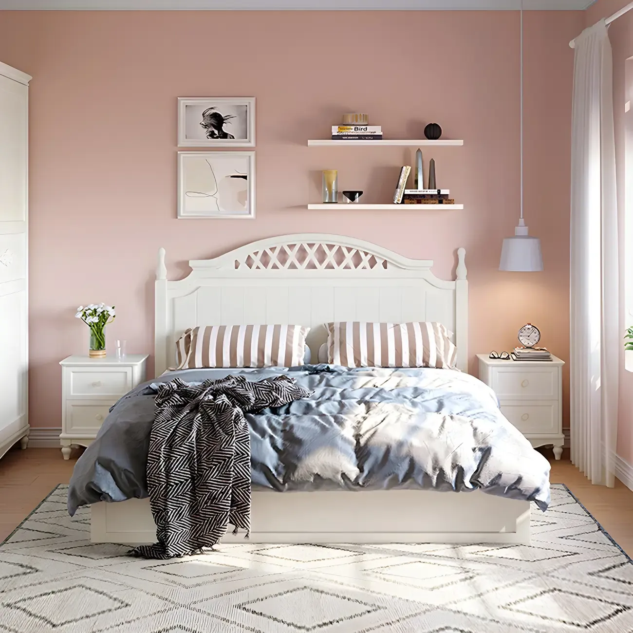 French 2-Layer White Wood Bedroom Nightstand