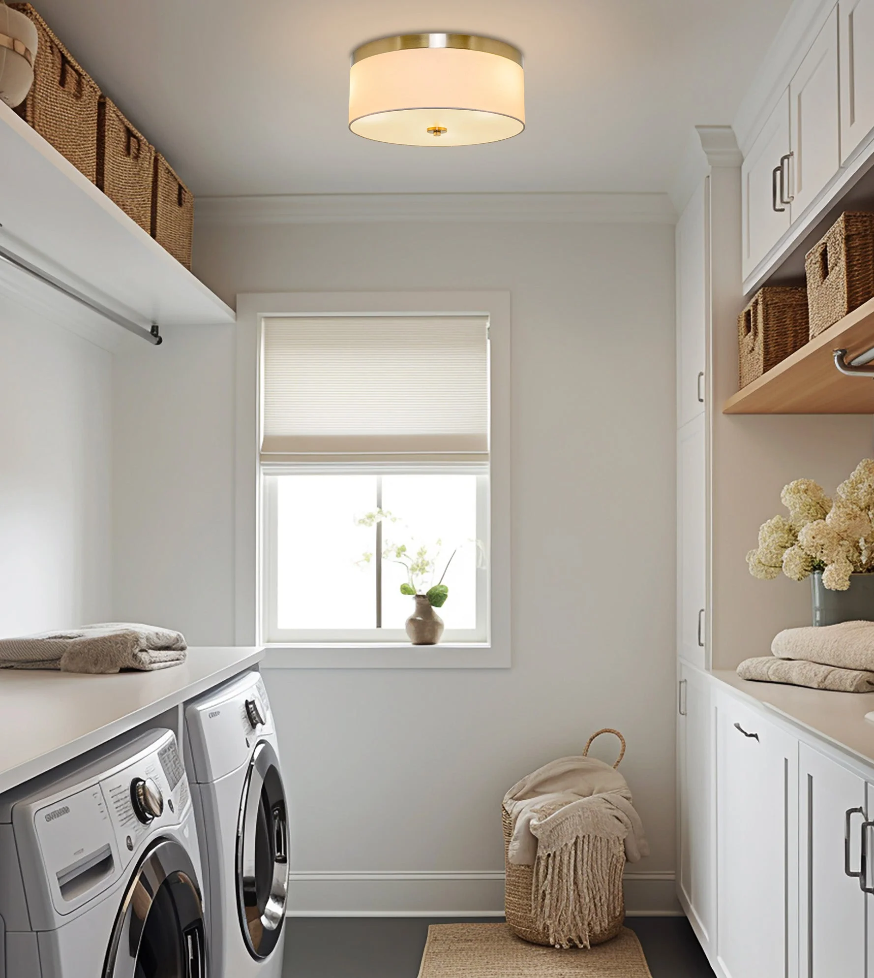 Kira Home Walker 15 Mid-Century Modern 3-Light Flush Mount Ceiling Light, White Fabric Shade + Round Glass Diffuser, Cool Brass Finish