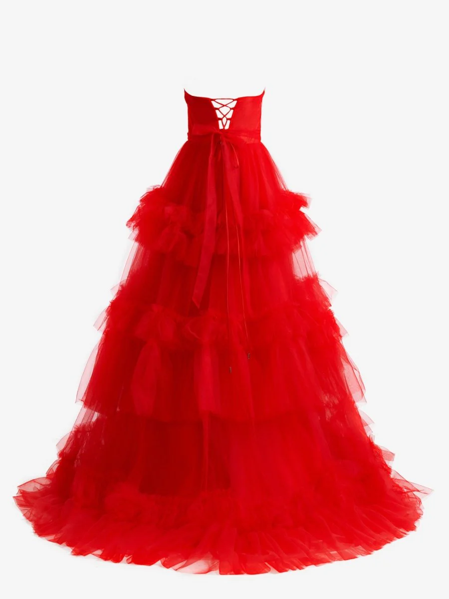 A-Line Strapless Ruffled Tulle Prom Dress