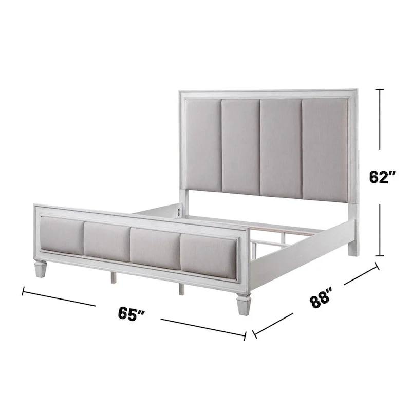 Linen Upholstered Bed in Light Gray and Weathered White