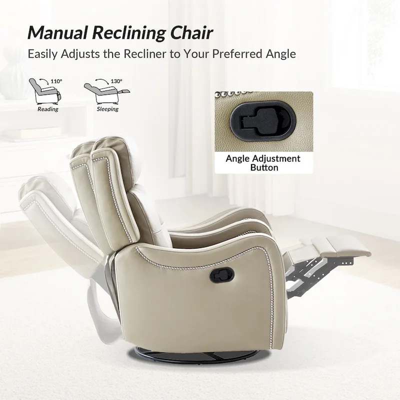 FrancoModern Genuine Leather Swivel Rocker Recliner with Nailhead Trims by HULALA HOME