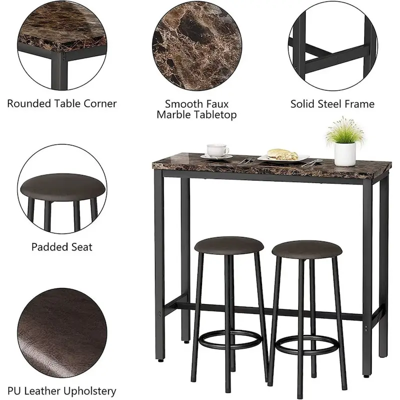 3 Piece Kitchen Pub Dining Set, Modern Faux Marble Counter Height Bistro Bar Table Set with 2 PU Leather Bar Stools
