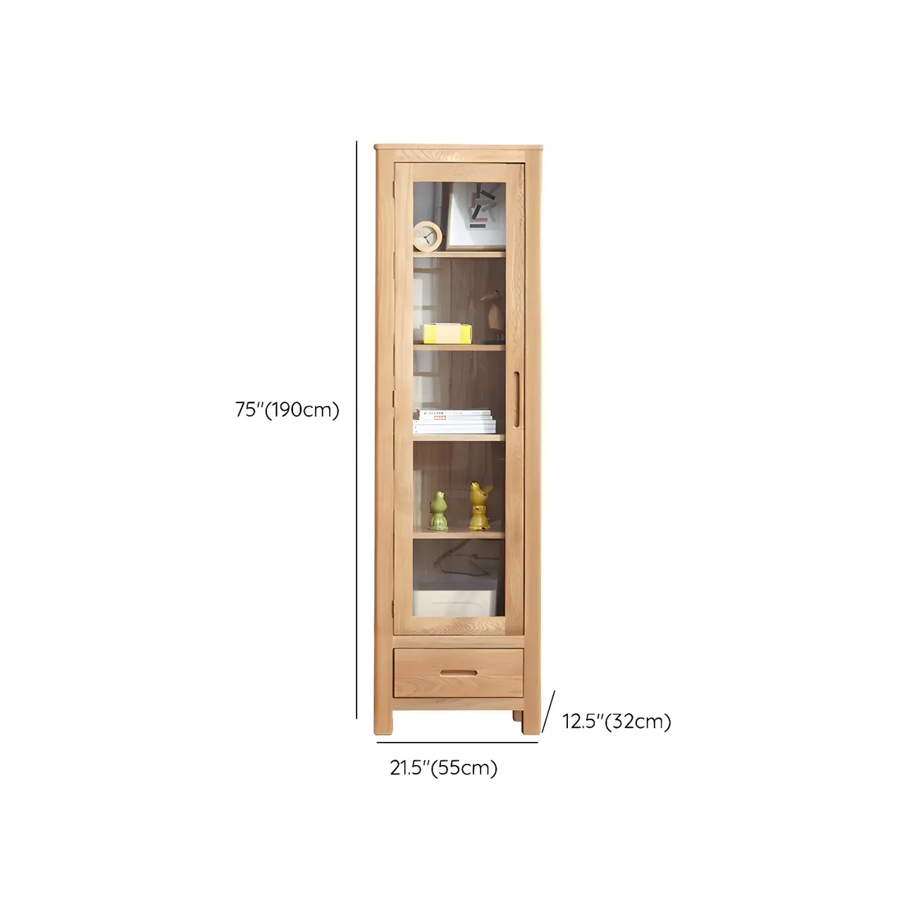 2-Drawer Natural Wood Display Cabinet Adjustable Shelves