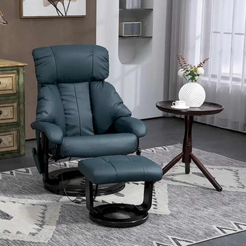 Grey/Blue Massage Recliner Chair with Ottoman, 360° Swivel, PU Leather, 1-Person