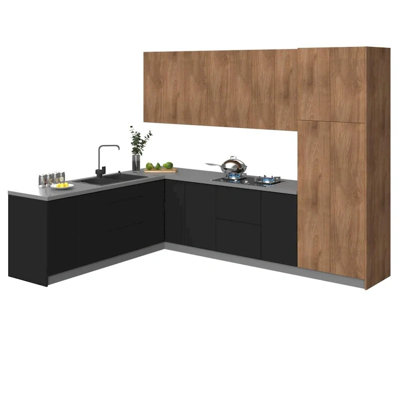 Modern Kitchen Set Natural Teak & Black Color Base Size 8x10Ft Wide - 126x96
