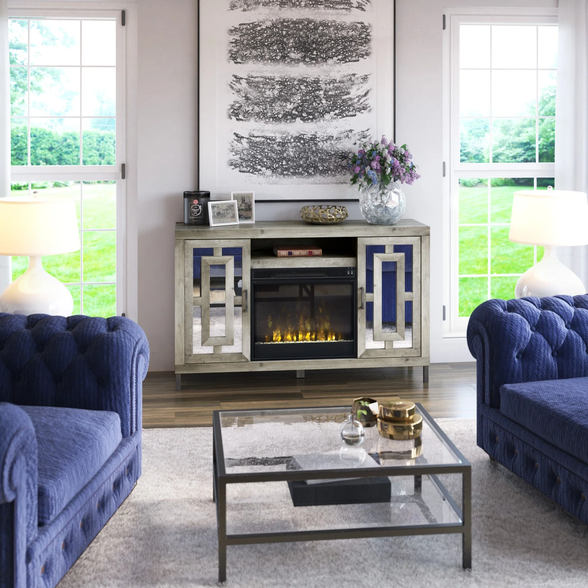 Mirrored Cabinet Door with 23 Electric Fireplace TV Stand Media Console